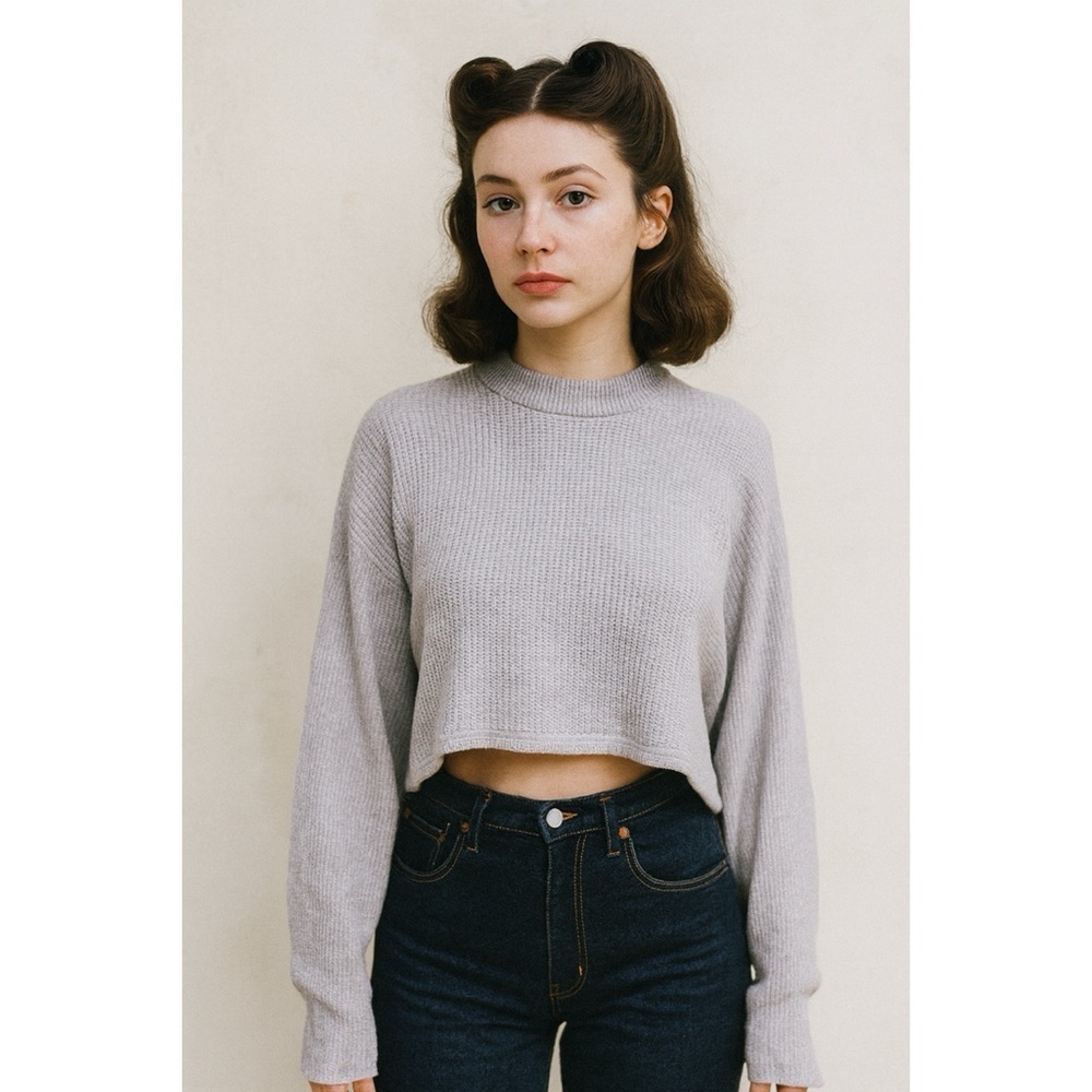 Aritzia Wilfred Free Lolan Gray Waffle Merino Wool Cropped Sweater S​​